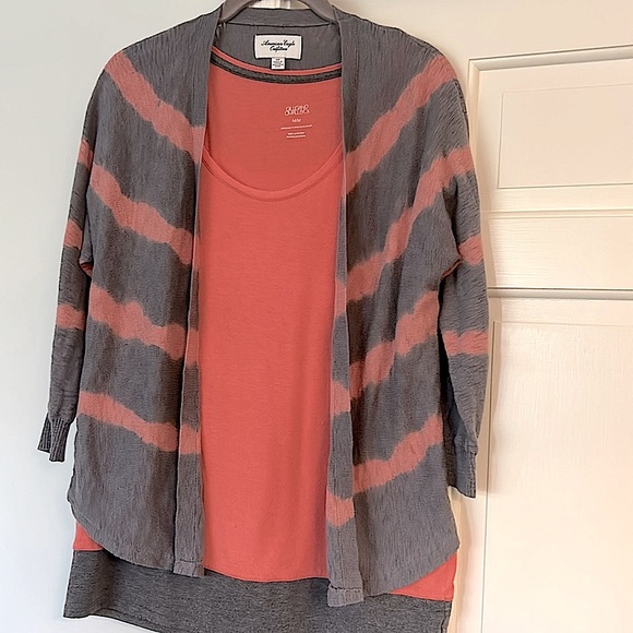 American Eagle Cardigan Size Small  Orange Gray Women's Lightweight Knit Sweater - Picture 3 of 10